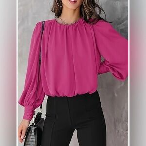 Dokotoo Women's Solid Pink Crew Neck Blouse Lantern Sleeve For Spring Summer XL